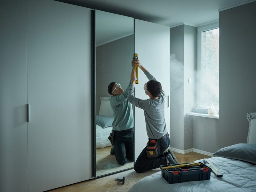 montaż lustra na drzwiach szafy